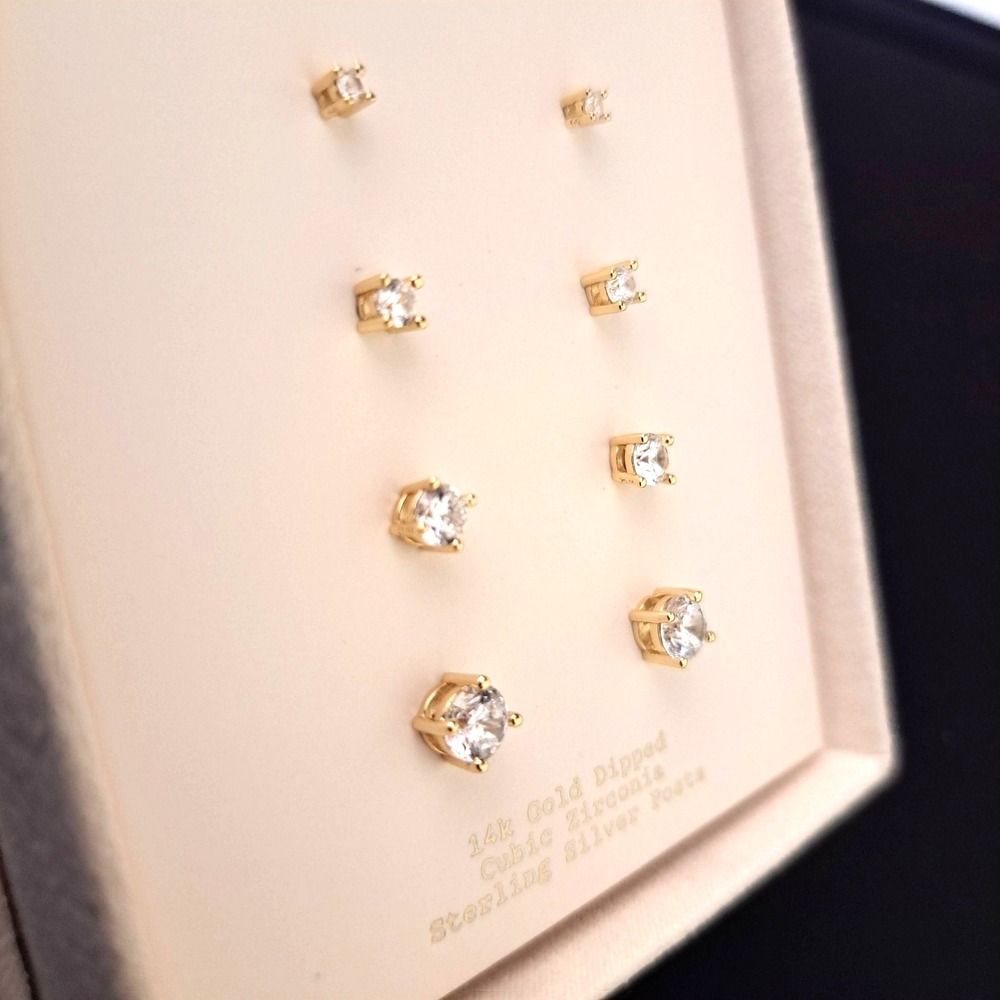 14k Gold Dipped Cubic Zirconia Stud Earrings Set Womens OS Gold NEW 953-200-CB6